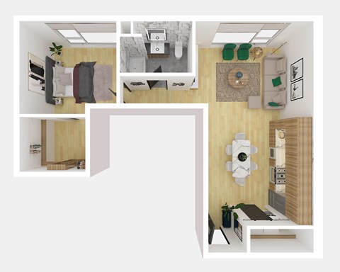 Floor plan for 1 bed, 1 bath, 941 sqft